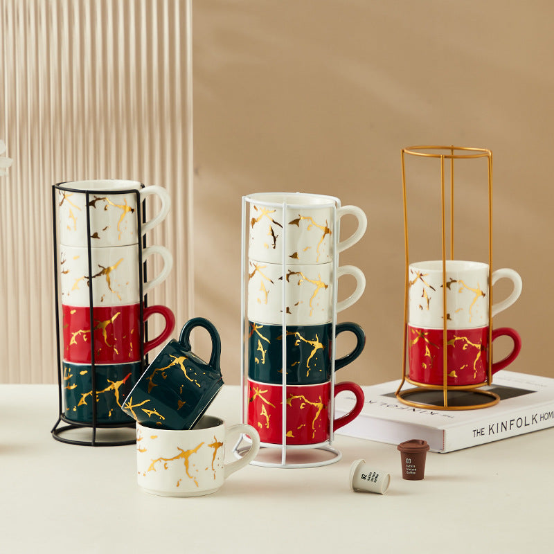 Creative Gilding Ceramic Mug Four-piece Set With Iron Frame