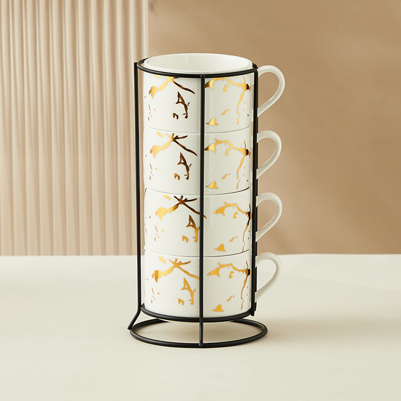 Creative Gilding Ceramic Mug Four-piece Set With Iron Frame