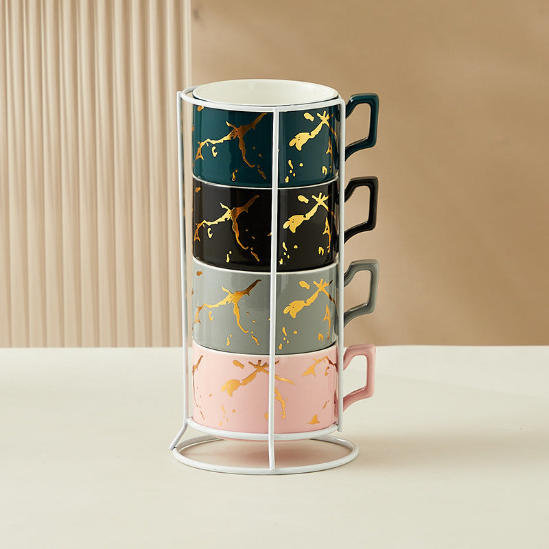 Creative Gilding Ceramic Mug Four-piece Set With Iron Frame