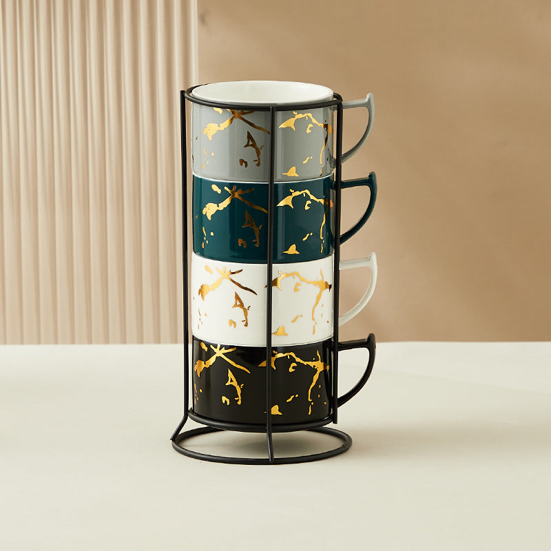 Creative Gilding Ceramic Mug Four-piece Set With Iron Frame