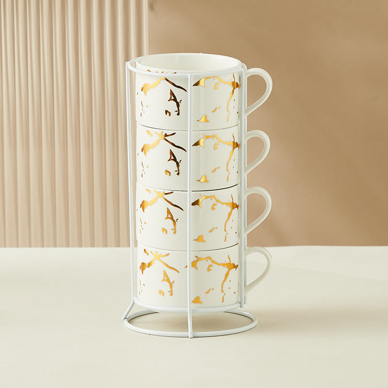 Creative Gilding Ceramic Mug Four-piece Set With Iron Frame