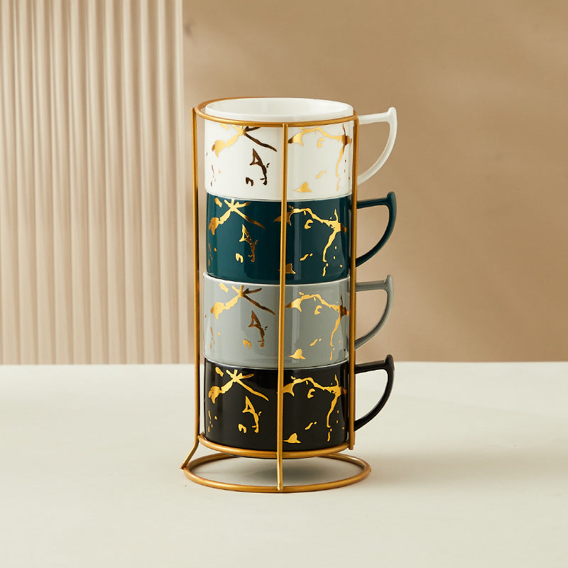 Creative Gilding Ceramic Mug Four-piece Set With Iron Frame