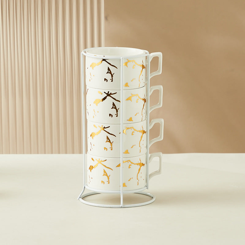 Creative Gilding Ceramic Mug Four-piece Set With Iron Frame