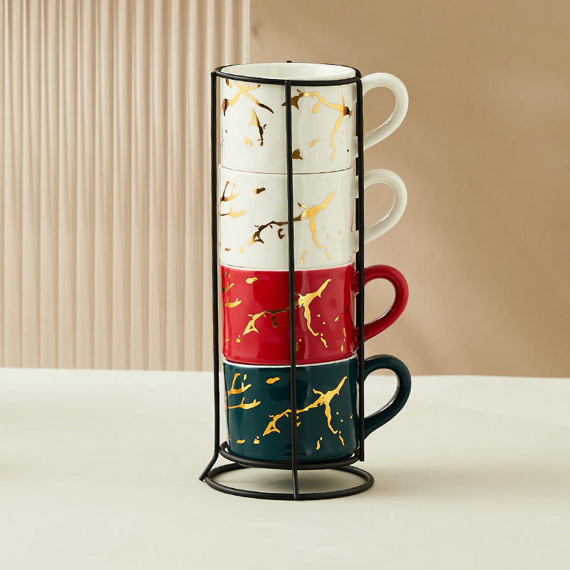 Creative Gilding Ceramic Mug Four-piece Set With Iron Frame