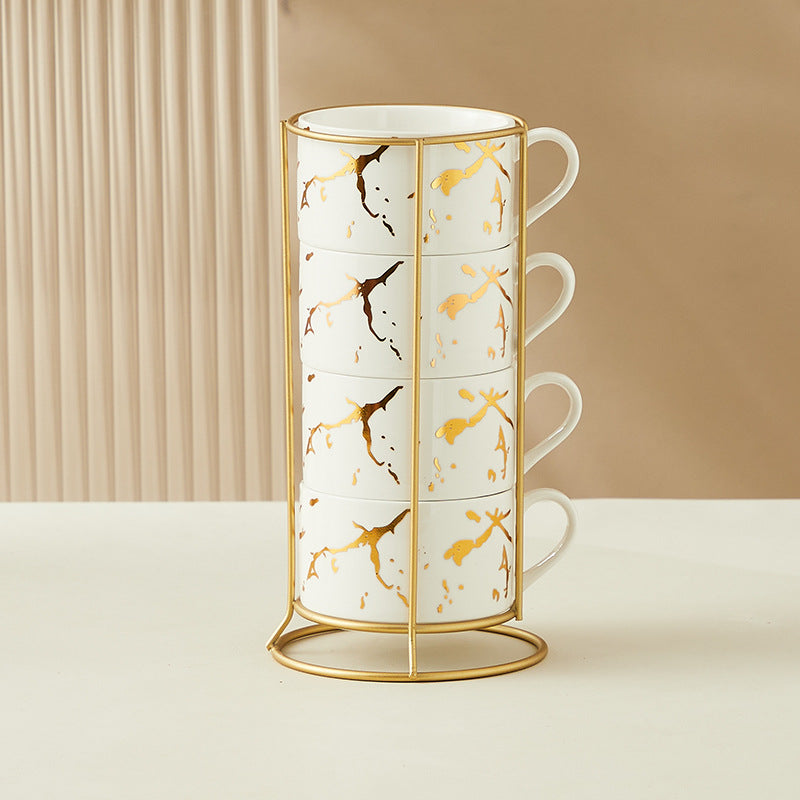 Creative Gilding Ceramic Mug Four-piece Set With Iron Frame