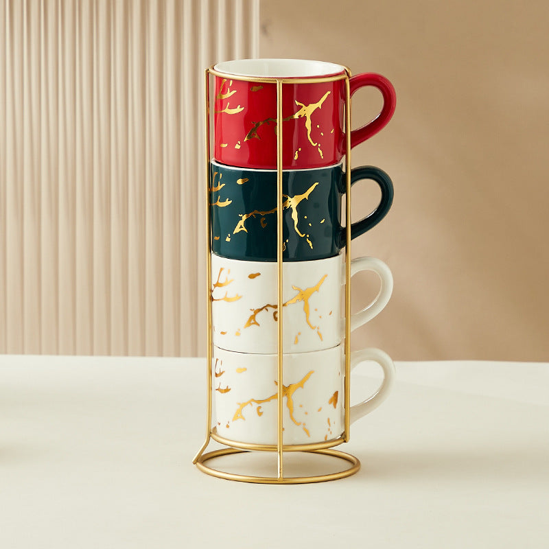 Creative Gilding Ceramic Mug Four-piece Set With Iron Frame