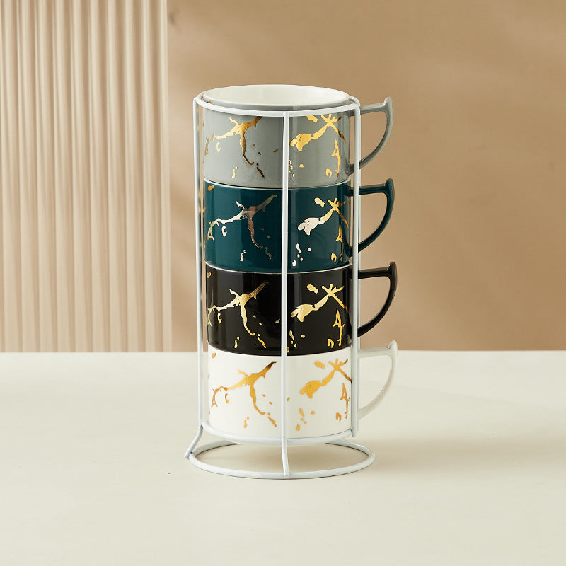 Creative Gilding Ceramic Mug Four-piece Set With Iron Frame