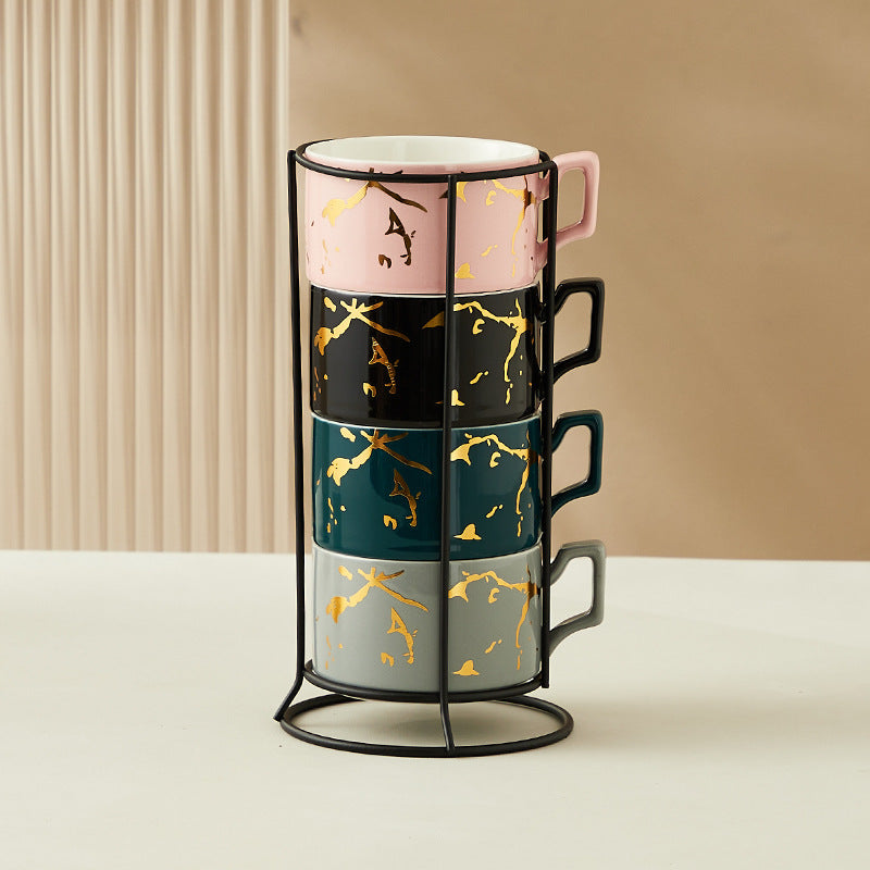 Creative Gilding Ceramic Mug Four-piece Set With Iron Frame