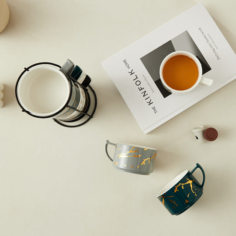 Creative Gilding Ceramic Mug Four-piece Set With Iron Frame