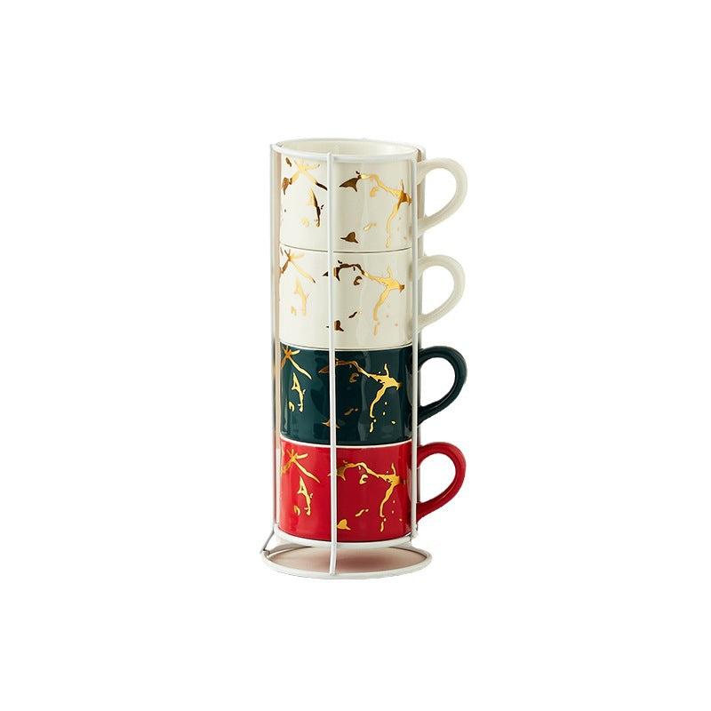 Creative Gilding Ceramic Mug Four-piece Set With Iron Frame