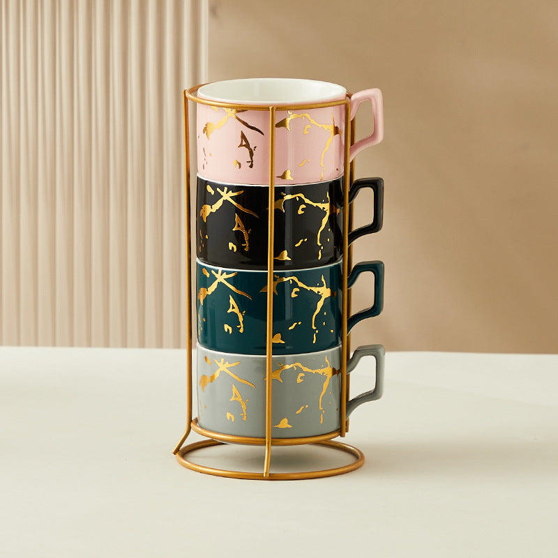 Creative Gilding Ceramic Mug Four-piece Set With Iron Frame